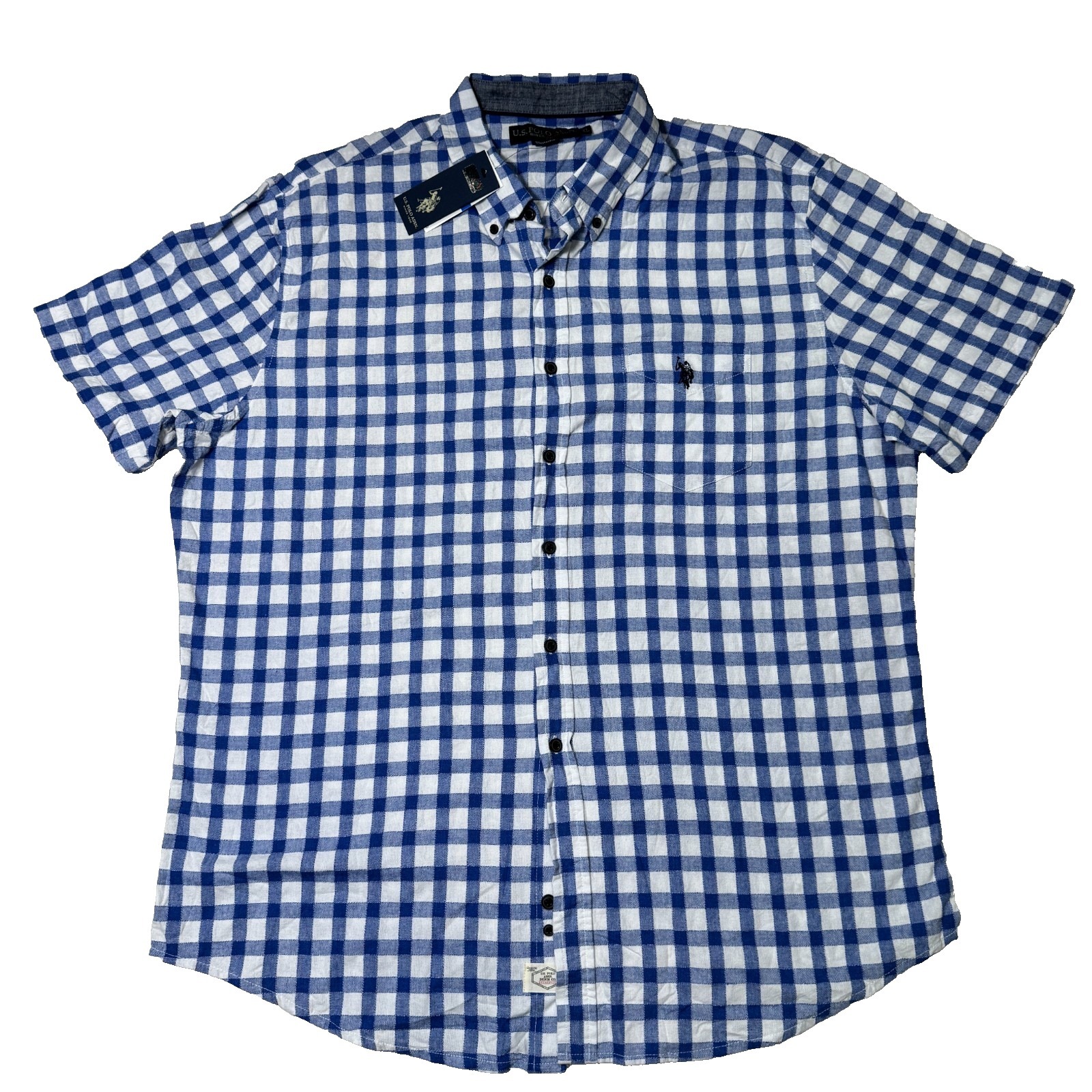 U.S. Polo Assn. Shirt Mens Xl Blue White Checked Short Sleeve Pocket Button Down